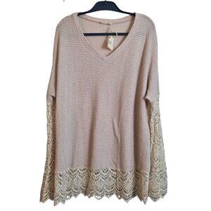 Andthewhy Women's Tunic Top Sweater Long Sleeves Lace Pullover Beige Small